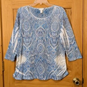 Chicos Top Geometric Blouse 3/4 Sleeve Rhinestone Boho Retro Blue White Sz 2 Lg